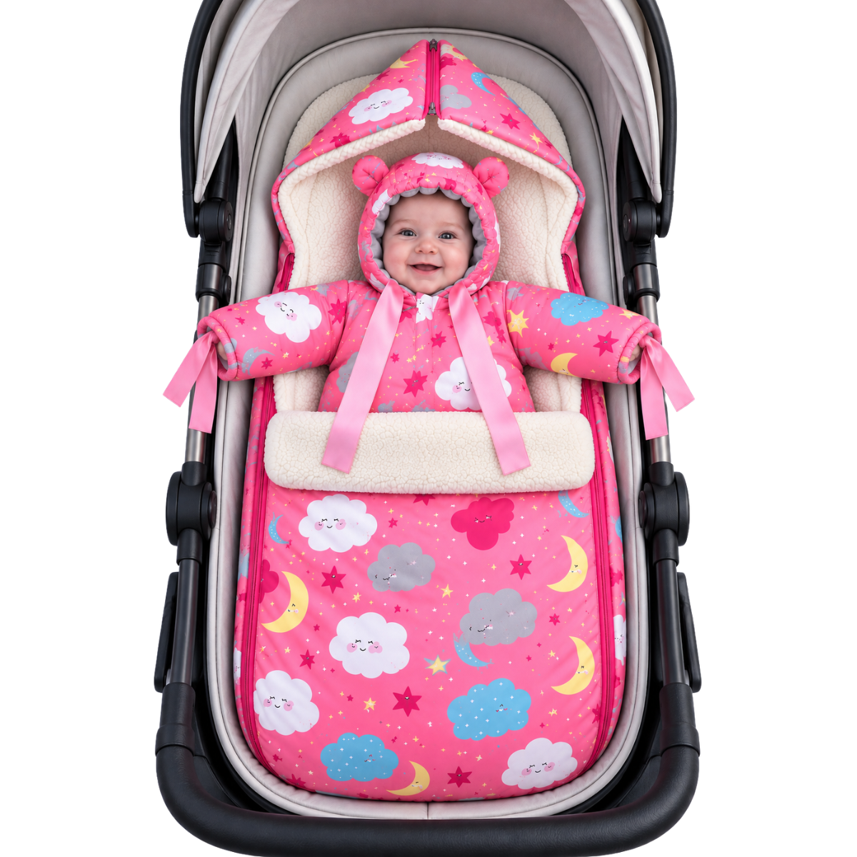 802 Warm Winter 2-Piece Set for Baby Girls | Stroller Set: Sleeping Bag + Jumpsuit | Dreamy Clouds & Moon Print | Faux Fur & Fleece Lining | From +5°C to −30°C (41°F to −22°F)