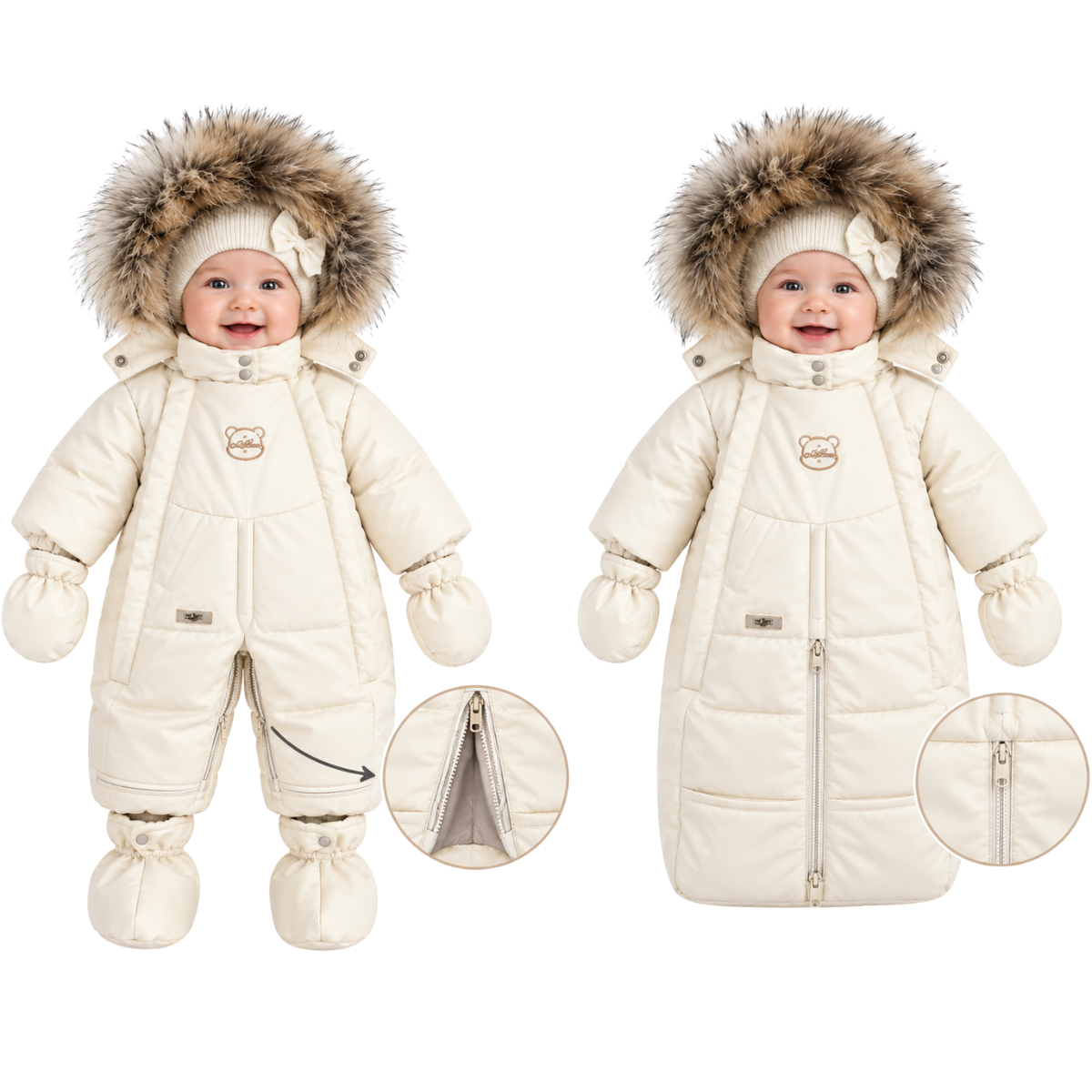 619 Girls Baby 2-in-1 Convertible Winter Snowsuit & Bunting Bag with Natural Fur, Mittens & Booties | Double Zipper | Sizes 62–86 cm (0–18 Months) | Up to –25 °C / –13 °F Without Layering, –35 °C / –31 °F With Layering