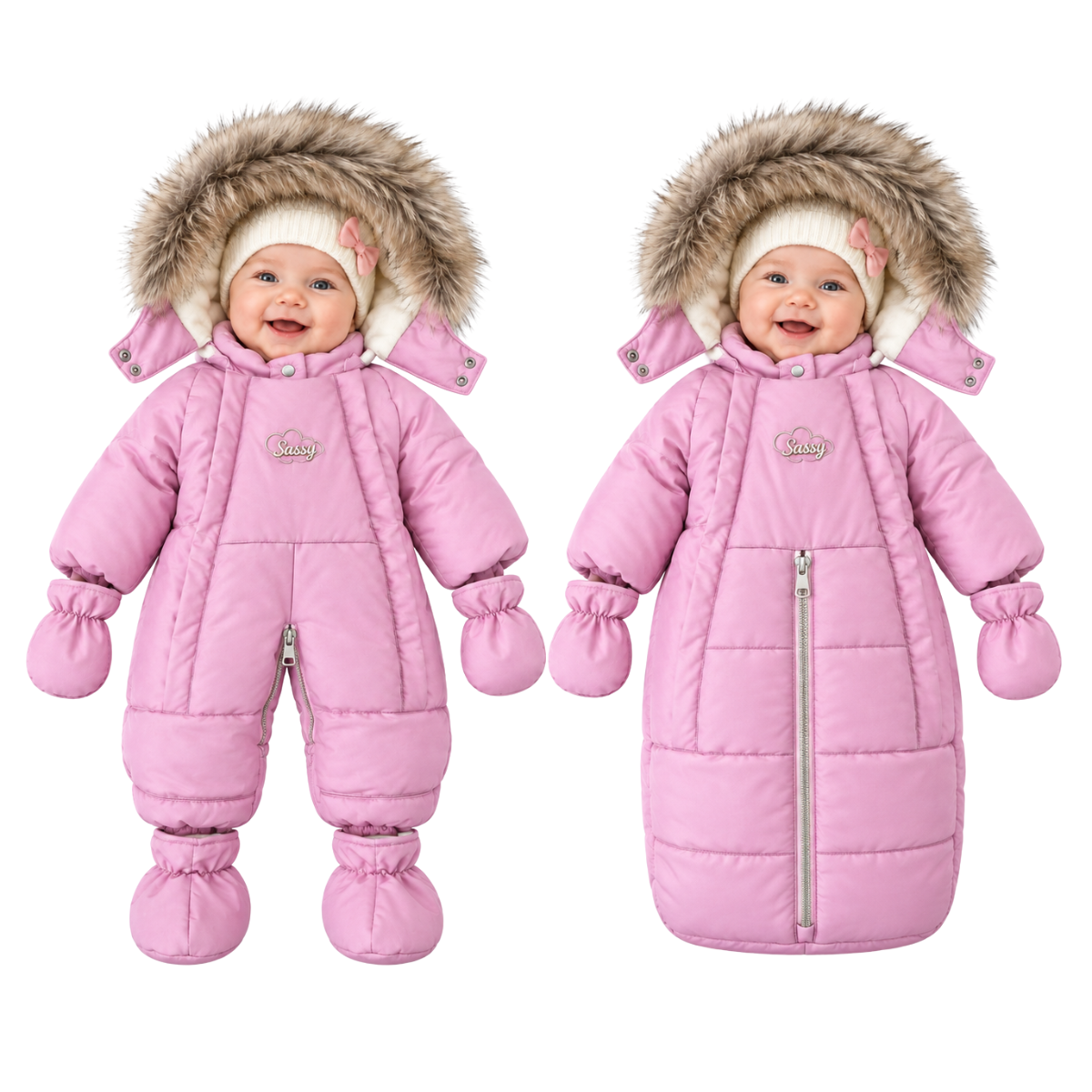 242 Girls Baby 2-in-1 Convertible Winter Snowsuit & Bunting Bag with Natural Fur, Mittens & Booties | Double Zipper | Sizes 62–86 cm (0–18 Months) | Up to –25 °C / –13 °F Without Layering, –35 °C / –31 °F With Layering