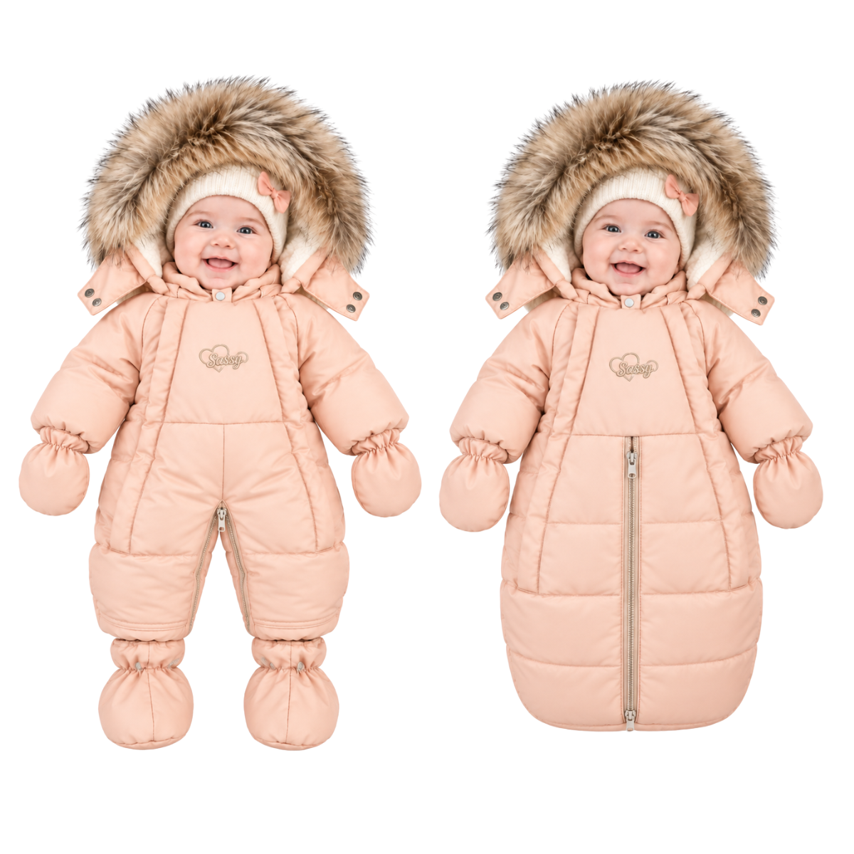 242 Girls Baby 2-in-1 Convertible Winter Snowsuit & Bunting Bag with Natural Fur, Mittens & Booties | Double Zipper | Sizes 62–86 cm (0–18 Months) | Up to –25 °C / –13 °F Without Layering, –35 °C / –31 °F With Layering