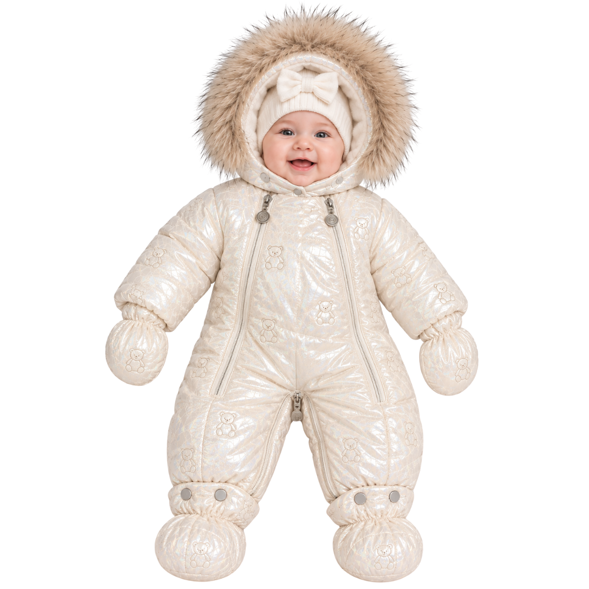 281 Girls Baby Winter Snowsuit with Natural Fur | Iridescent Pearl Finish | Mittens & Booties | Double Zipper | 68–86 cm (6–18 Months) | –25 °C / –13 °F Without Layering, –35 °C / –31 °F With Layering
