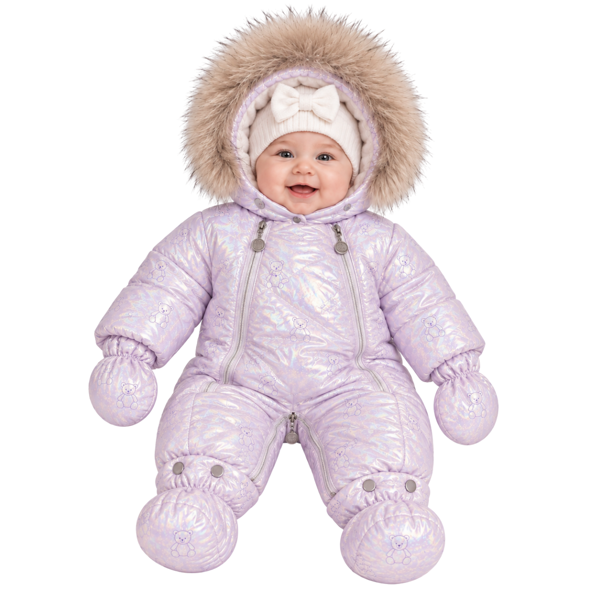 281 Girls Baby Winter Snowsuit with Natural Fur | Iridescent Pearl Finish | Mittens & Booties | Double Zipper | 68–86 cm (6–18 Months) | –25 °C / –13 °F Without Layering, –35 °C / –31 °F With Layering