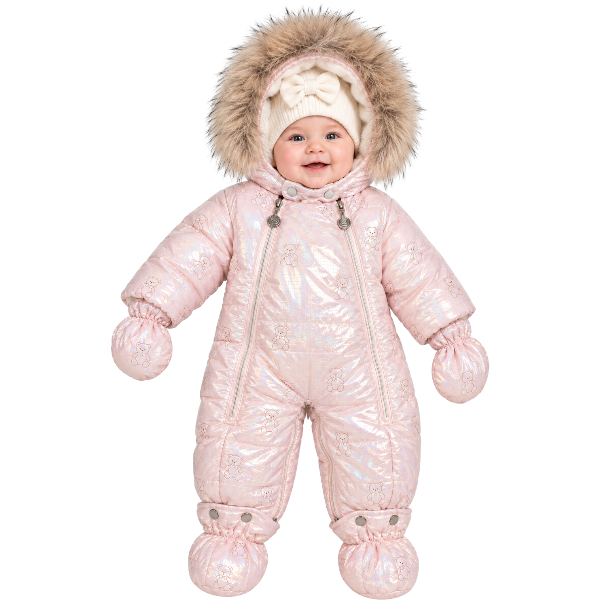 281 Girls Baby Winter Snowsuit with Natural Fur | Iridescent Pearl Finish | Mittens & Booties | Double Zipper | 68–86 cm (6–18 Months) | –25 °C / –13 °F Without Layering, –35 °C / –31 °F With Layering