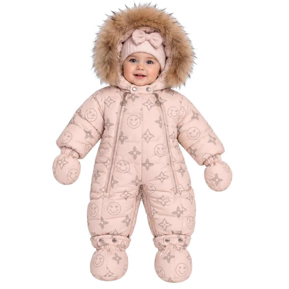 1048 Baby Girl Winter Snowsuit with Natural Fur | Mittens & Booties Set | Double Zipper | Sizes 68–80 cm (6–12 Months) | –25 °C / –13 °F Without Layering, –35 °C / –31 °F With Layering
