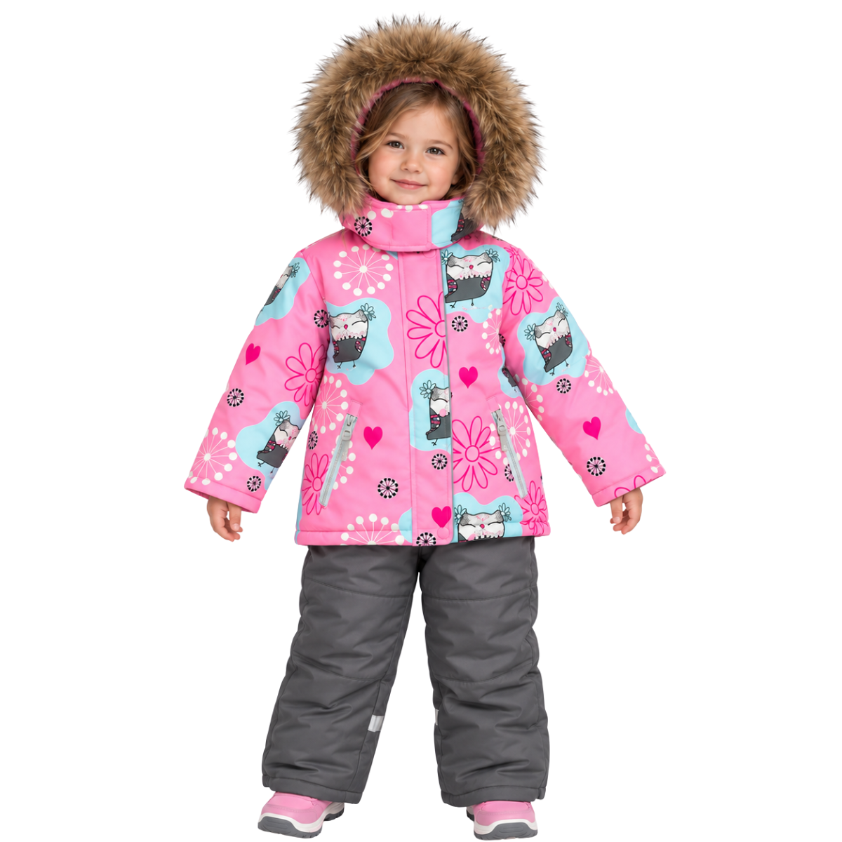 2241 Winter Membrane Set for Girls with Natural Fur Hood (Jacket + Snow Bib Pants) | Pink Owls Design | Sizes 98 & 110 (3 & 5 Years) | Up to −30°C (−22°F)