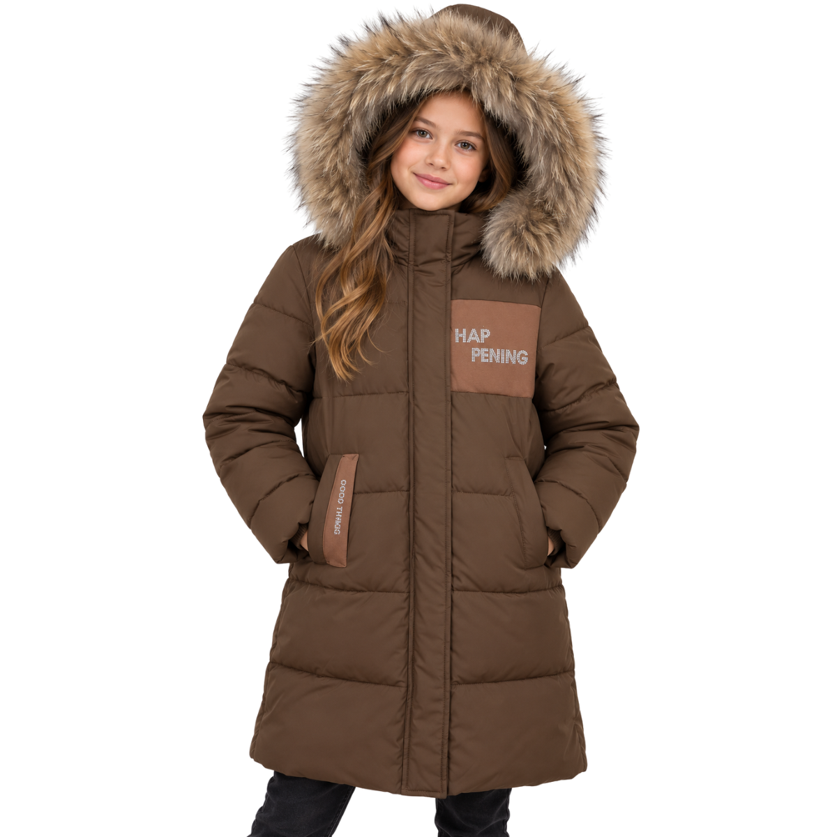 Anernuo Girls’ Winter Jacket with Natural Fur Hood | Sizes 146–170 (11–16 Years) | 164 = Adult XS, 170 = Adult S | Thinsulate Insulation | Fleece Lining | Knee-Length | Up to –35 °C