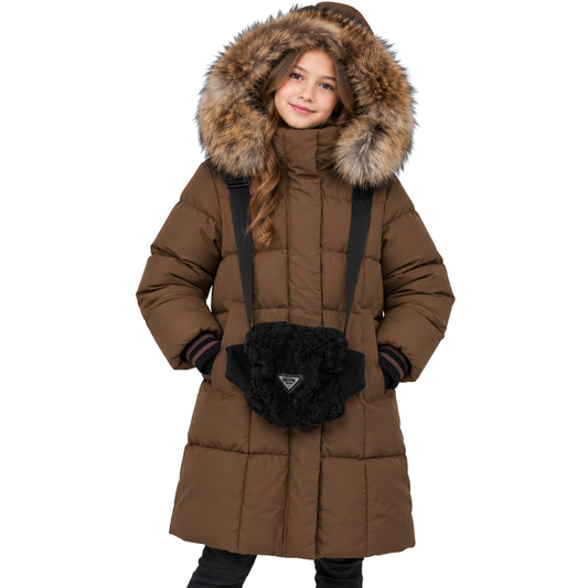 6129 Anernuo Girls’ Winter Jacket with Natural Fur Hood & Hand Muff Belt Bag | Sizes 116, 122, 128, 134, 140 (5–10 Years) | Thinsulate Insulation | Fleece Lining | Knee-Length | Up to –35 °C