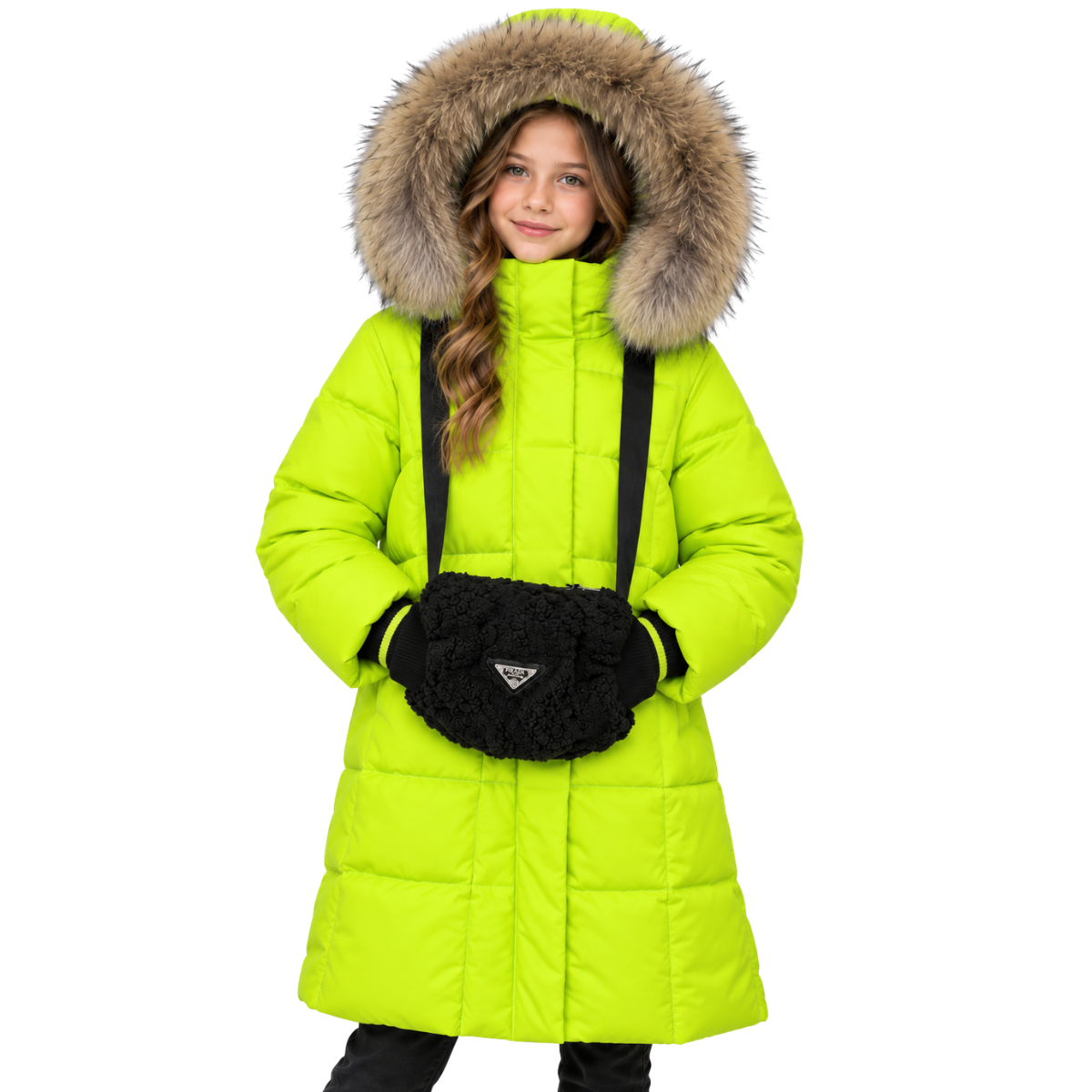 6129 Anernuo Girls’ Winter Jacket with Natural Fur Hood & Hand Muff Belt Bag | Sizes 116, 122, 128, 134, 140 (5–10 Years) | Thinsulate Insulation | Fleece Lining | Knee-Length | Up to –35 °C