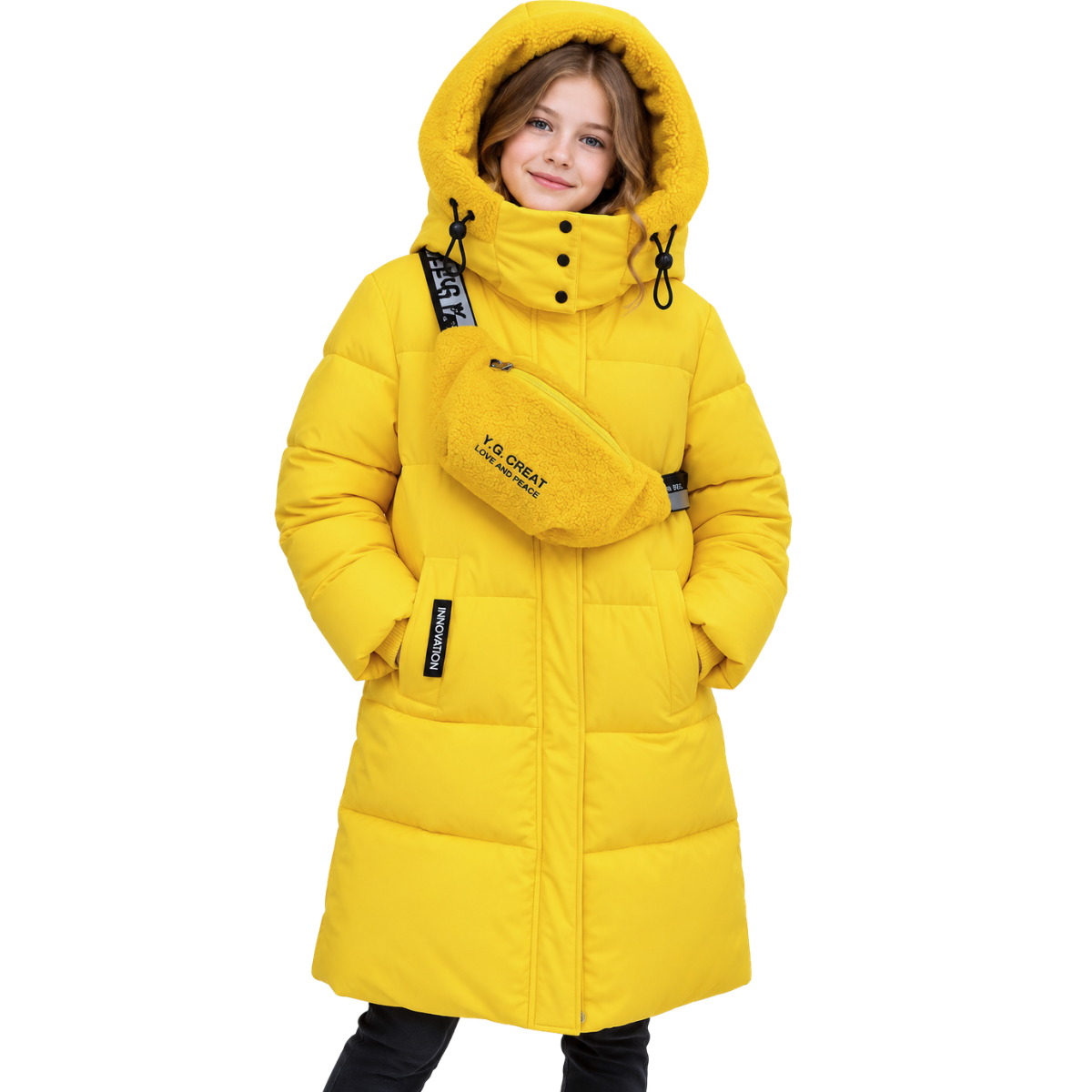 2155 Anernuo Girls’ Winter Jacket with Plush Crossbody Bag | Sizes 122–170 cm (6–16 Years) | Thinsulate Insulation | Fleece Lining | Plush Trimmed Hood | Knee-Length | Up to –35 °C