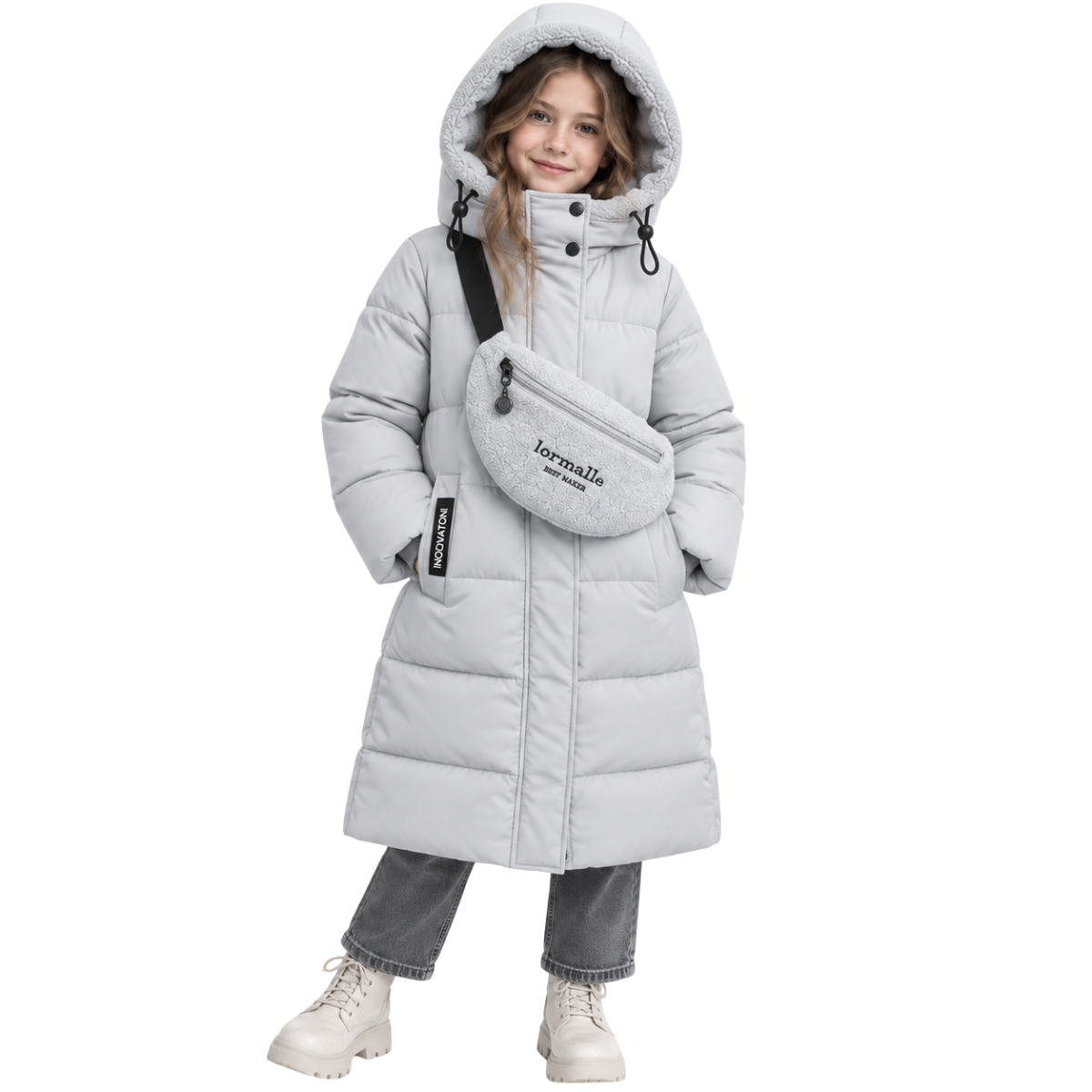 2155 Anernuo Girls’ Winter Jacket with Plush Crossbody Bag | Sizes 122–170 cm (6–16 Years) | Thinsulate Insulation | Fleece Lining | Plush Trimmed Hood | Knee-Length | Up to –35 °C