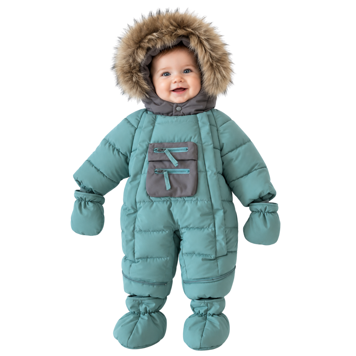 628 Baby Boy Winter Snowsuit | Natural Fur Hood | Mittens & Booties Included | Double Zipper | Sizes 62–86 cm (0–18 Months) | –25 °C / –13 °F Without Layering, –35 °C / –31 °F With Layering