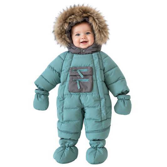 628 Baby Boy Winter Snowsuit | Natural Fur Hood | Mittens & Booties Included | Double Zipper | Sizes 62–86 cm (0–18 Months) | –25 °C / –13 °F Without Layering, –35 °C / –31 °F With Layering