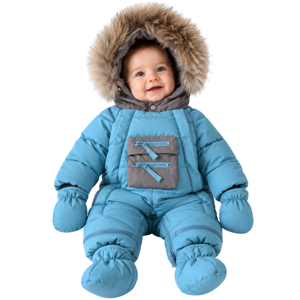 628 Baby Boy Winter Snowsuit | Natural Fur Hood | Mittens & Booties Included | Double Zipper | Sizes 62–86 cm (0–18 Months) | –25 °C / –13 °F Without Layering, –35 °C / –31 °F With Layering