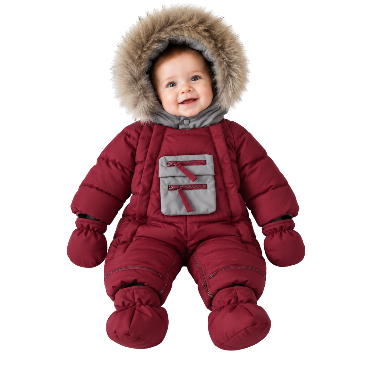 628 Baby Boy Winter Snowsuit | Natural Fur Hood | Mittens & Booties Included | Double Zipper | Sizes 62–86 cm (0–18 Months) | –25 °C / –13 °F Without Layering, –35 °C / –31 °F With Layering