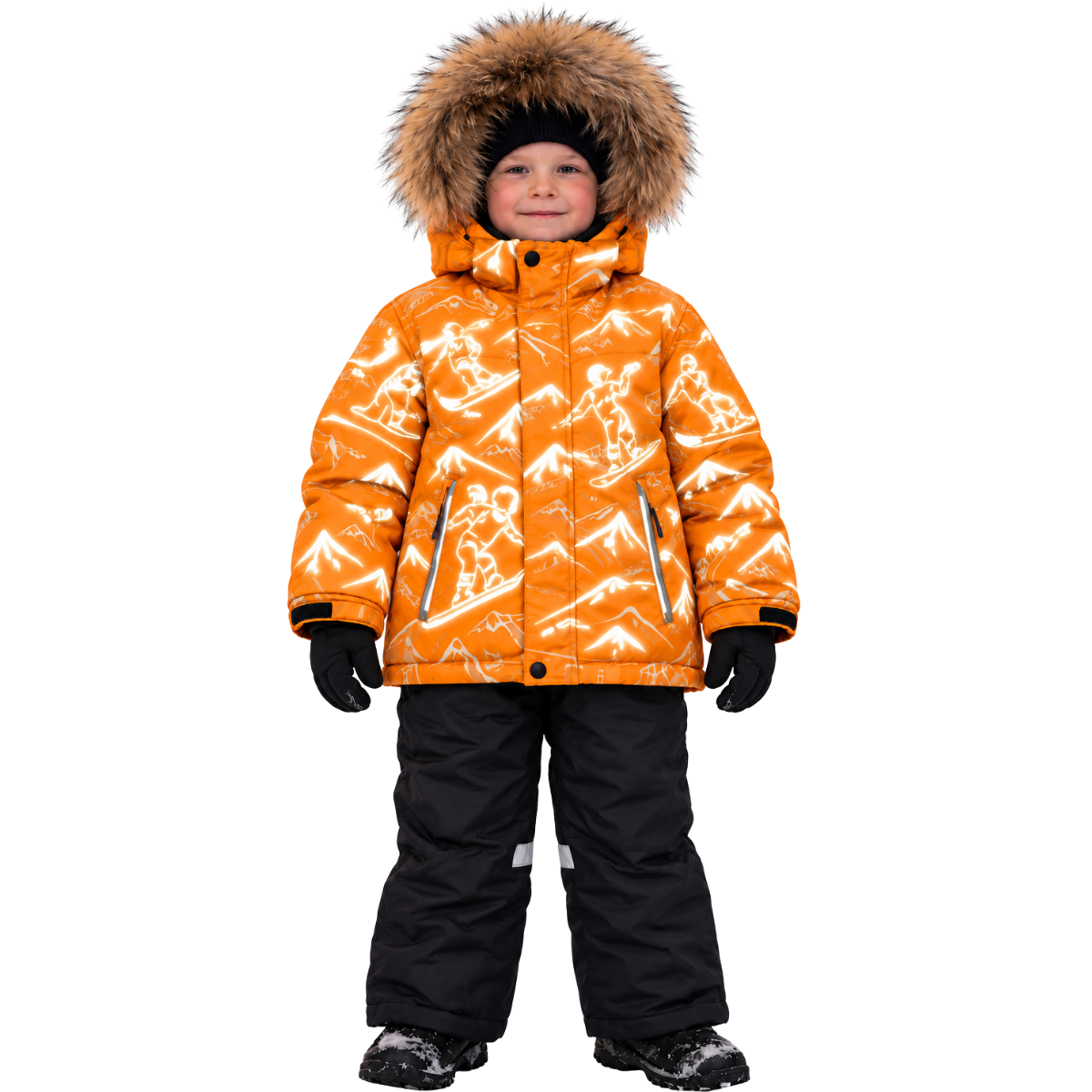 871 Boys Winter Snowsuit Set in Membrane Fabric (Jacket & Bib Pants) with Reflective Snowboard & Mountain Print & Real Fur Hood | Fleece Lining | Sizes 2-6 Y | Up to -25°C (-13°F)