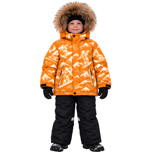 871 Boys Winter Snowsuit Set in Membrane Fabric (Jacket & Bib Pants) with Reflective Snowboard & Mountain Print & Real Fur Hood | Fleece Lining | Sizes 2-6 Y | Up to -25°C (-13°F)