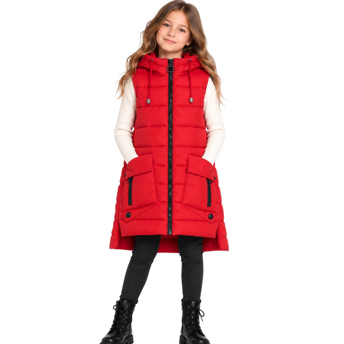 669 Girls Long Hooded Puffer Vest with Removable Faux Fur Pom-Pom | Quilted Sleeveless Jacket | Ages 9–14 | Sizes 140–160 cm