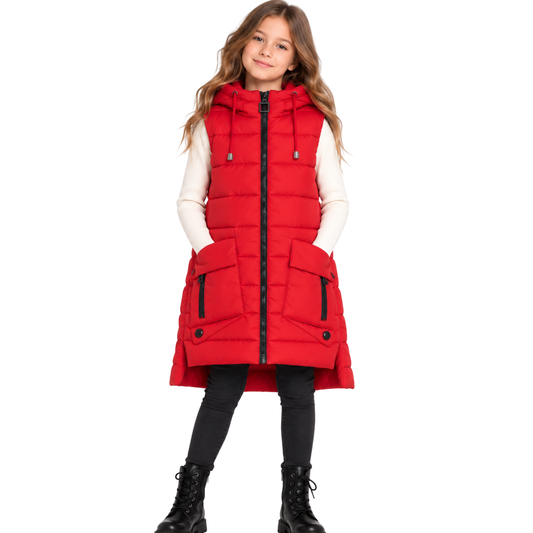 669 Girls Long Hooded Puffer Vest with Removable Faux Fur Pom-Pom | Quilted Sleeveless Jacket | Ages 9–14 | Sizes 140–160 cm