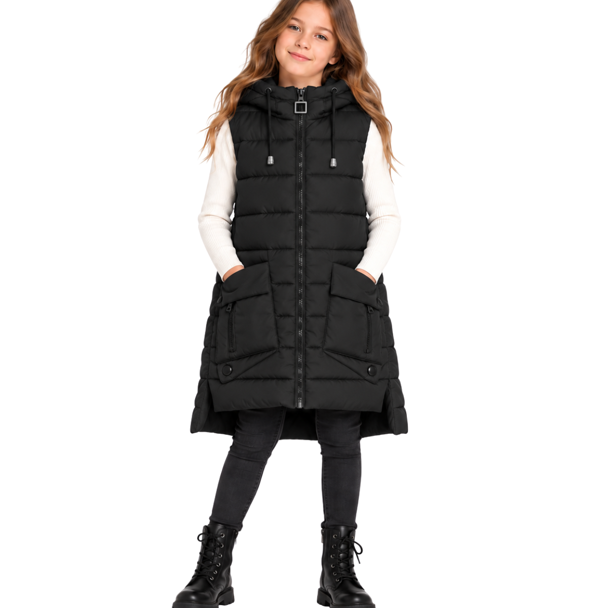 669 Girls Long Hooded Puffer Vest with Removable Faux Fur Pom-Pom | Quilted Sleeveless Jacket | Ages 9–14 | Sizes 140–160 cm