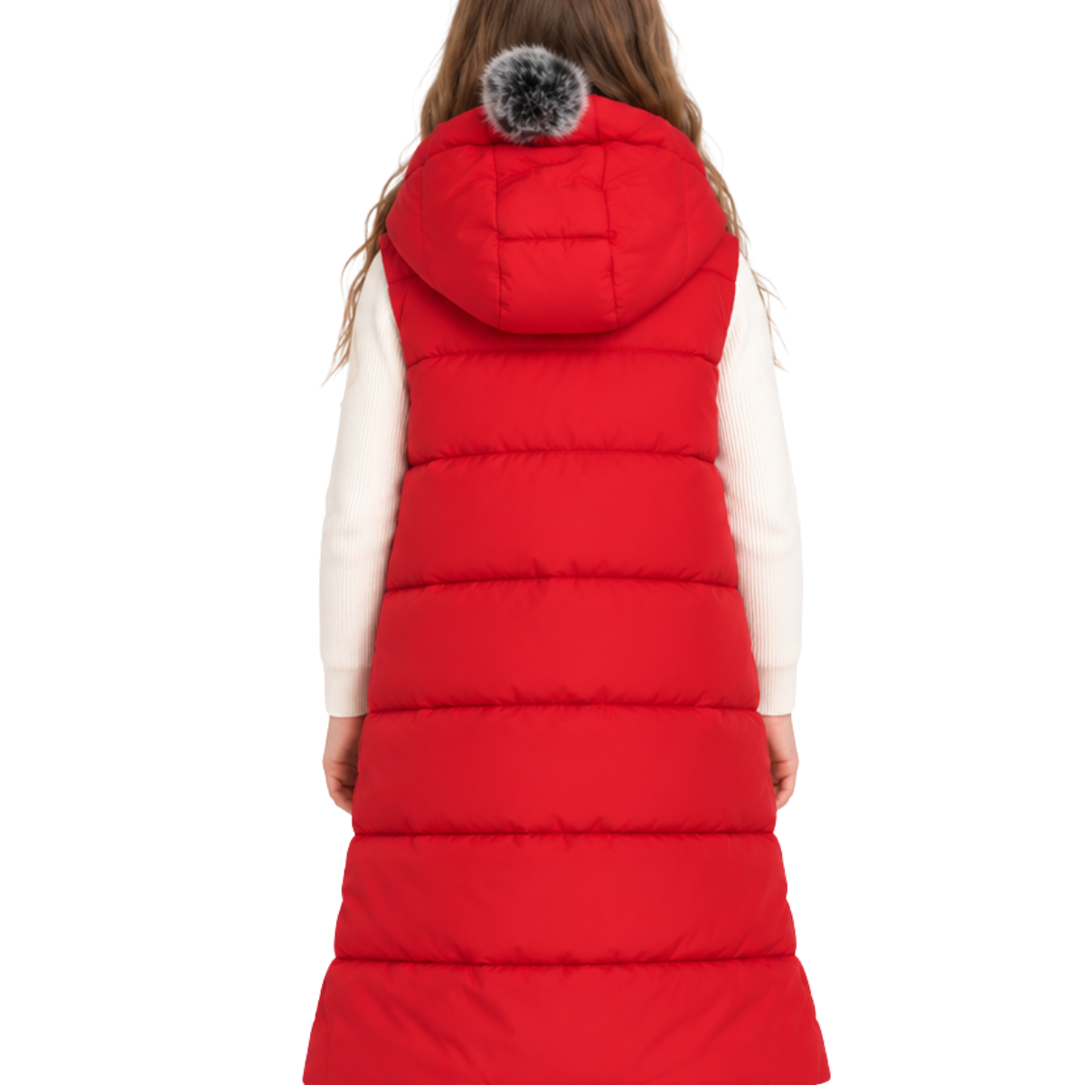669 Girls Long Hooded Puffer Vest with Removable Faux Fur Pom-Pom | Quilted Sleeveless Jacket | Ages 9–14 | Sizes 140–160 cm