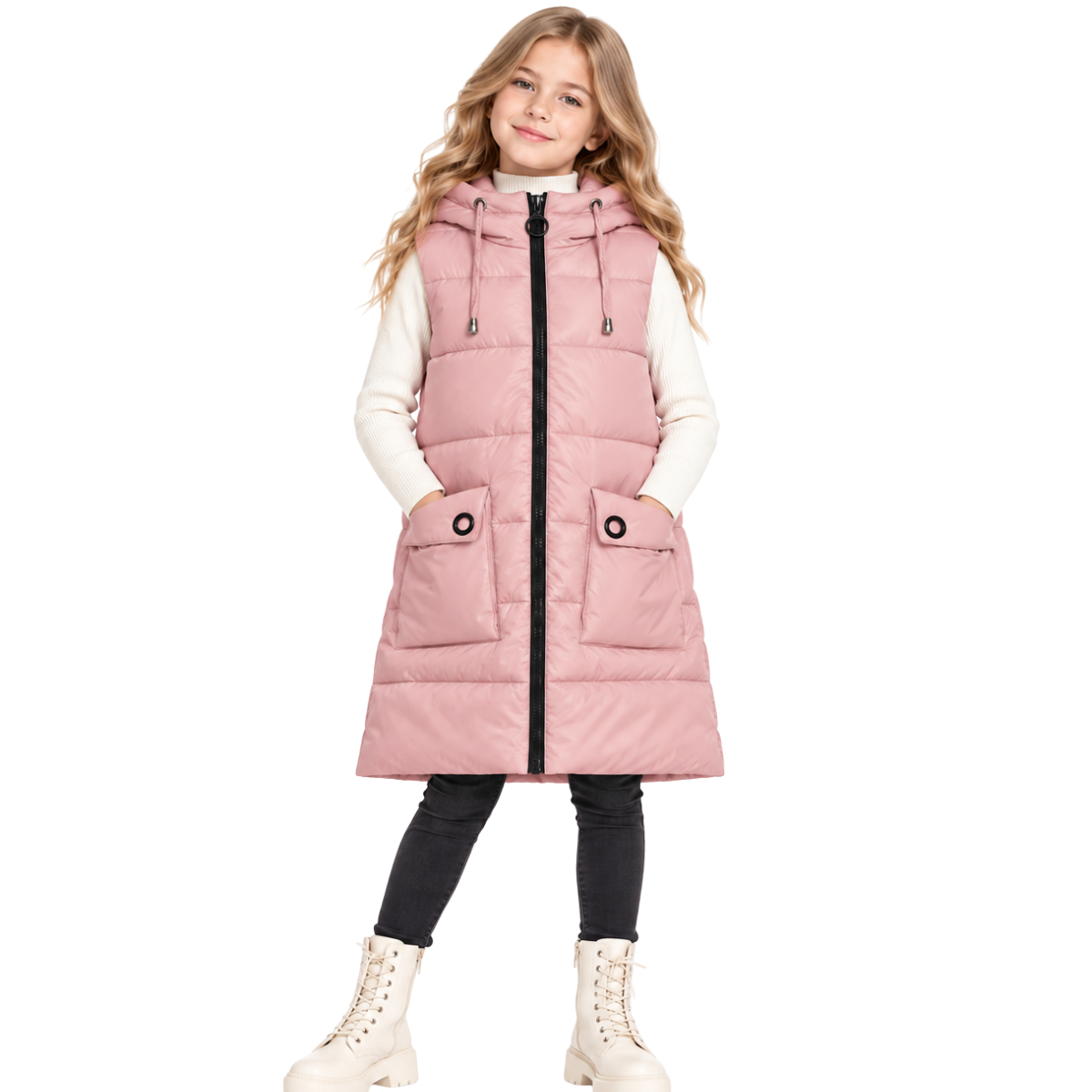 016 Girls Long Hooded Puffer Vest – Quilted Sleeveless Jacket with Pockets | Fall & Winter | Ages 7–14 | Sizes 130–160 cm