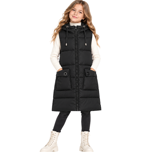 016 Girls Long Hooded Puffer Vest – Quilted Sleeveless Jacket with Pockets | Fall & Winter | Ages 7–14 | Sizes 130–160 cm