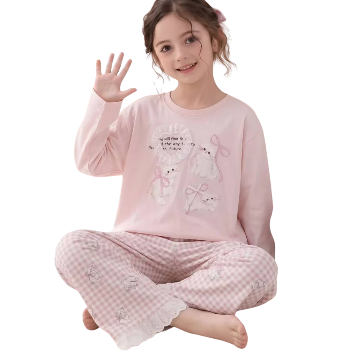 33017 Girls' Demi-Season Korean Cotton Pajama Set with Cute Fluffy Kittens & Pink Plaid Pants – Loose Fit | 95% Cotton | Sizes 90–140 (1.5–10 Years)