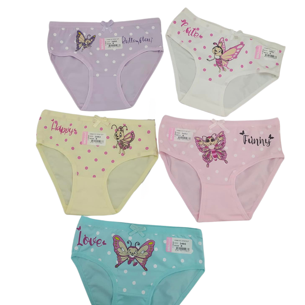 3493 Girls' Cotton Underwear – Soft, Stretchy & Colorful with Butterfly Print | Multicolor | 5-Pack | Ages 1–10