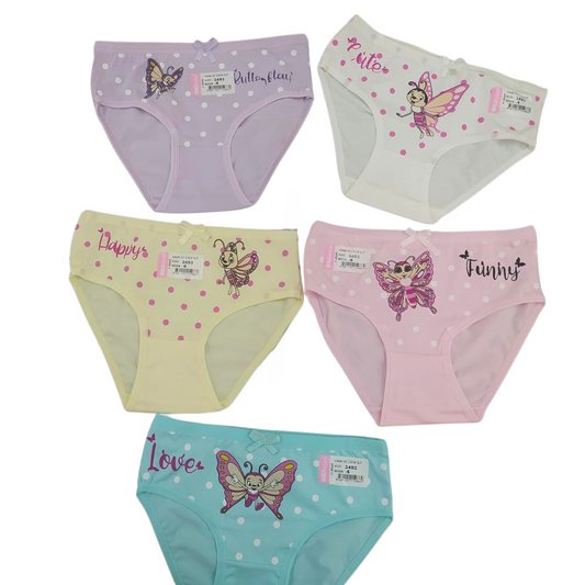 3493 Girls' Cotton Underwear – Soft, Stretchy & Colorful with Butterfly Print | Multicolor | 5-Pack | Ages 1–10