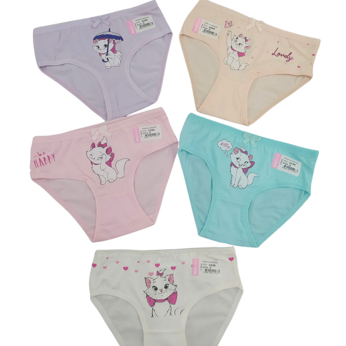 3490 Girls' Cotton Underwear – Soft, Stretchy & Colorful with Kitty Print | Multicolor | 95% Cotton, 5% Elastane | 5-Pack | Ages 1–10