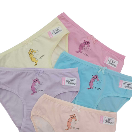 3648 Girls' Cotton Underwear – Soft, Stretchy & Colorful with Cat Print | Multicolor | 95% Cotton, 5% Elastane | 5-Pack | Ages 1–10