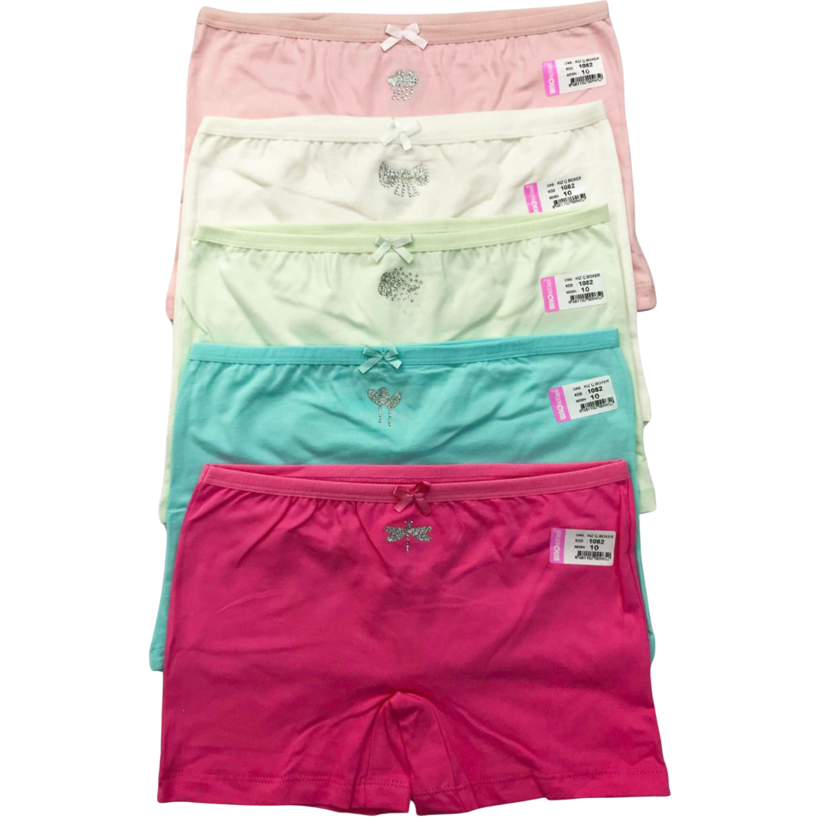 1082 Girls' Cotton Short Briefs – Soft, Stretchy & Comfortable with Rhinestone Motifs | 95% Cotton, 5% Elastane | 5-Pack (Random Pastel Colors) | Ages 1–14 | Made in Turkey by BIYO Kids