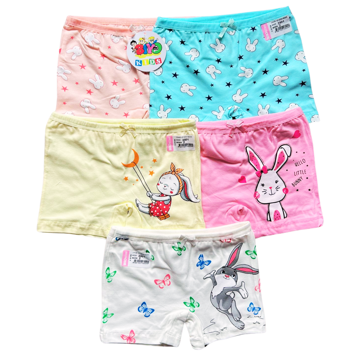 3501 Girls' Cotton Short Briefs – Soft, Stretchy & Comfortable with Bunny Print | 95% Cotton, 5% Elastane | 5-Pack (Random Pastel Colors) | Ages 1–10 | Made in Turkey by BIYO Kids