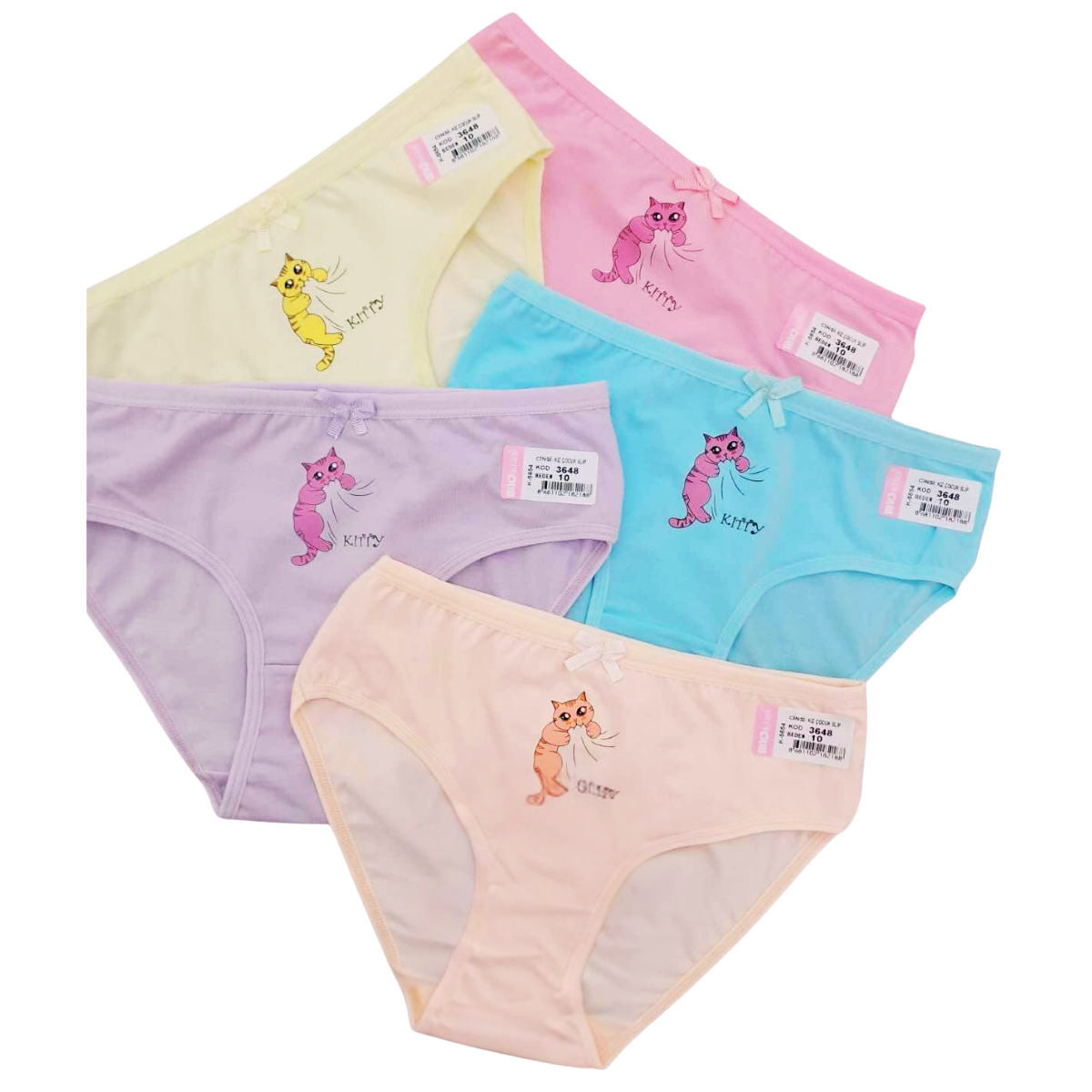 3648 Girls' Cotton Underwear – Soft, Stretchy & Colorful with Cat Print | Multicolor | 95% Cotton, 5% Elastane | 5-Pack | Ages 1–10