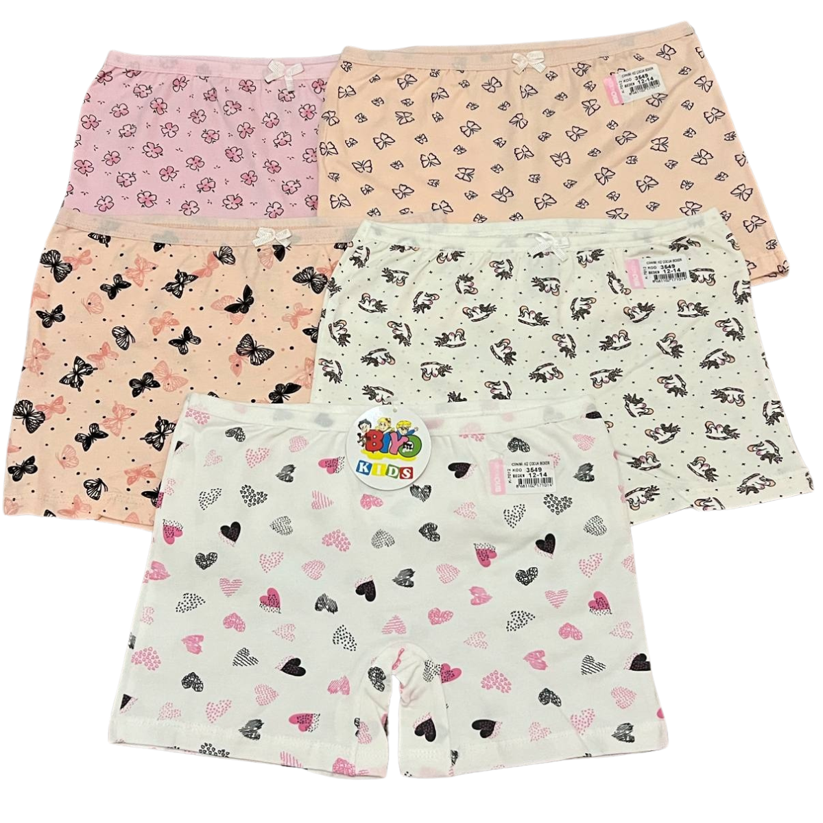 3549/3273 Girls' Cotton Short Briefs – Soft, Stretchy & Comfortable with Assorted Prints | 95% Cotton, 5% Elastane | 5-Pack | Ages 9–14 | Made in Turkey by BIYO Kids