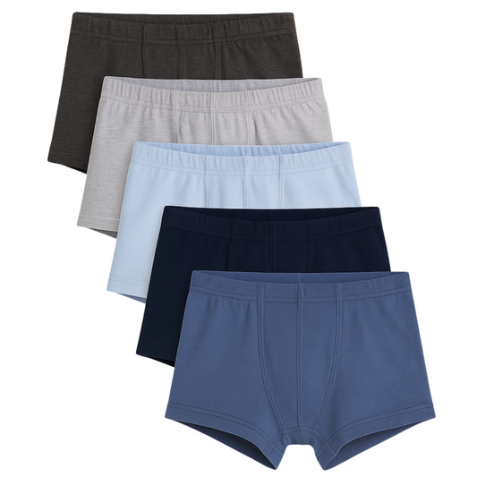 2607 Boys' Cotton Boxer Briefs – Solid, Soft, Stretchy & Comfortable | 95% Cotton, 5% Elastane | 5-Pack (Random Colors: White, Black, Shades of Gray, Blue & Light Blue) | Ages 1–14 | Made in Turkey by BIYO Kids