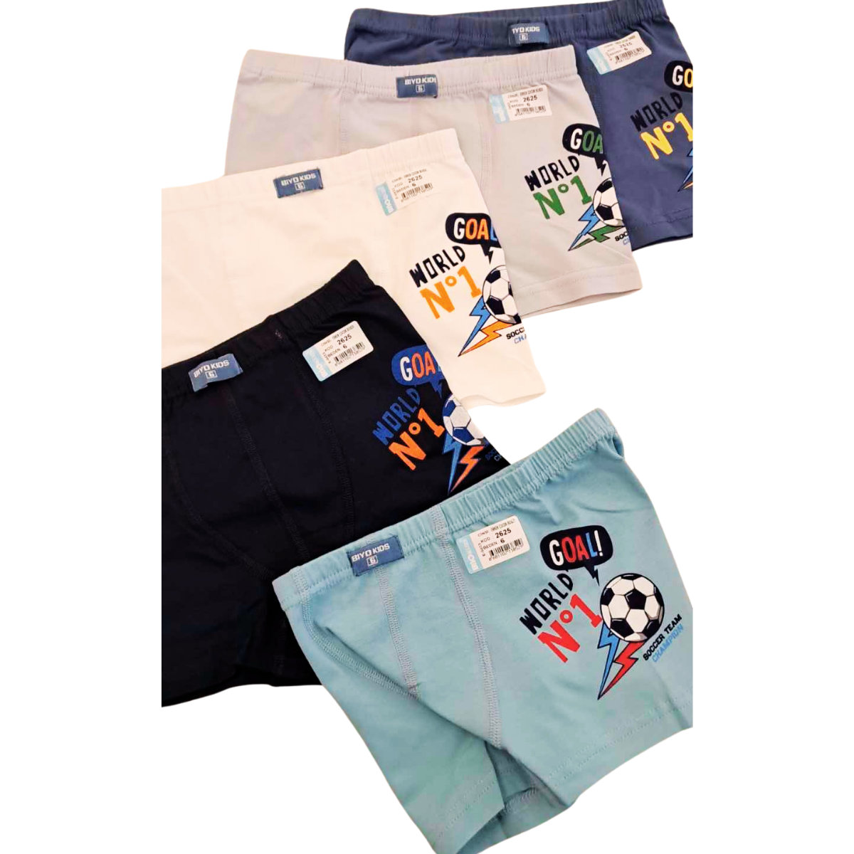 2625 Boys' Cotton Boxer Briefs – Soccer Print "World №1" | Soft & Stretchy | 5-Pack | Ages 2–12 | Made in Turkey by BIYO Kids