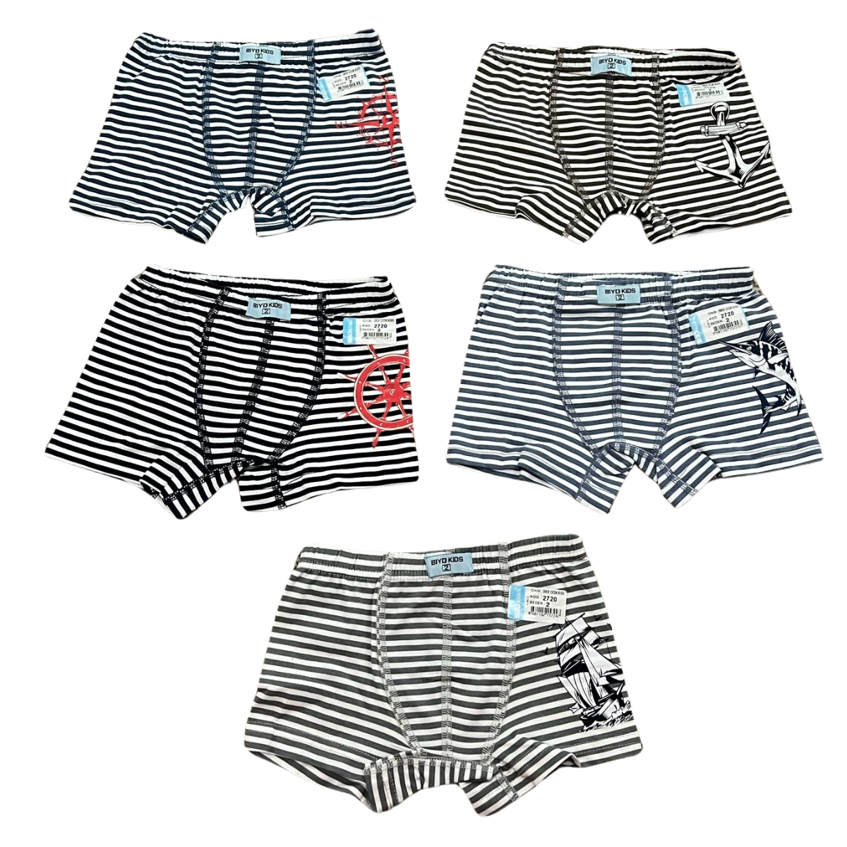 2720 Boys' Cotton Boxer Briefs – Nautical Themed, Soft, Stretchy & Comfortable | 95% Cotton, 5% Elastane | 5-Pack (Striped with Anchor, Compass, Ship, Wheel & Swordfish Prints) | Ages 2–12 | Made in Turkey by BIYO Kids