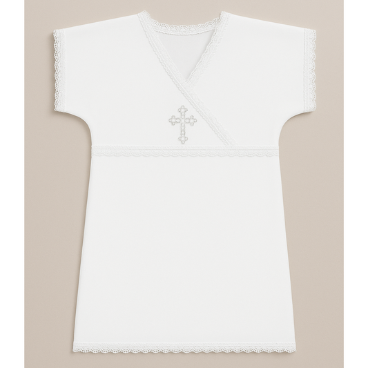 🕊 White Christening Shirt for Boys & Girls | Short Sleeve | Rhinestone Cross & Lace | Cotton Knit or Linen | Baby Baptism Gown 0–12M