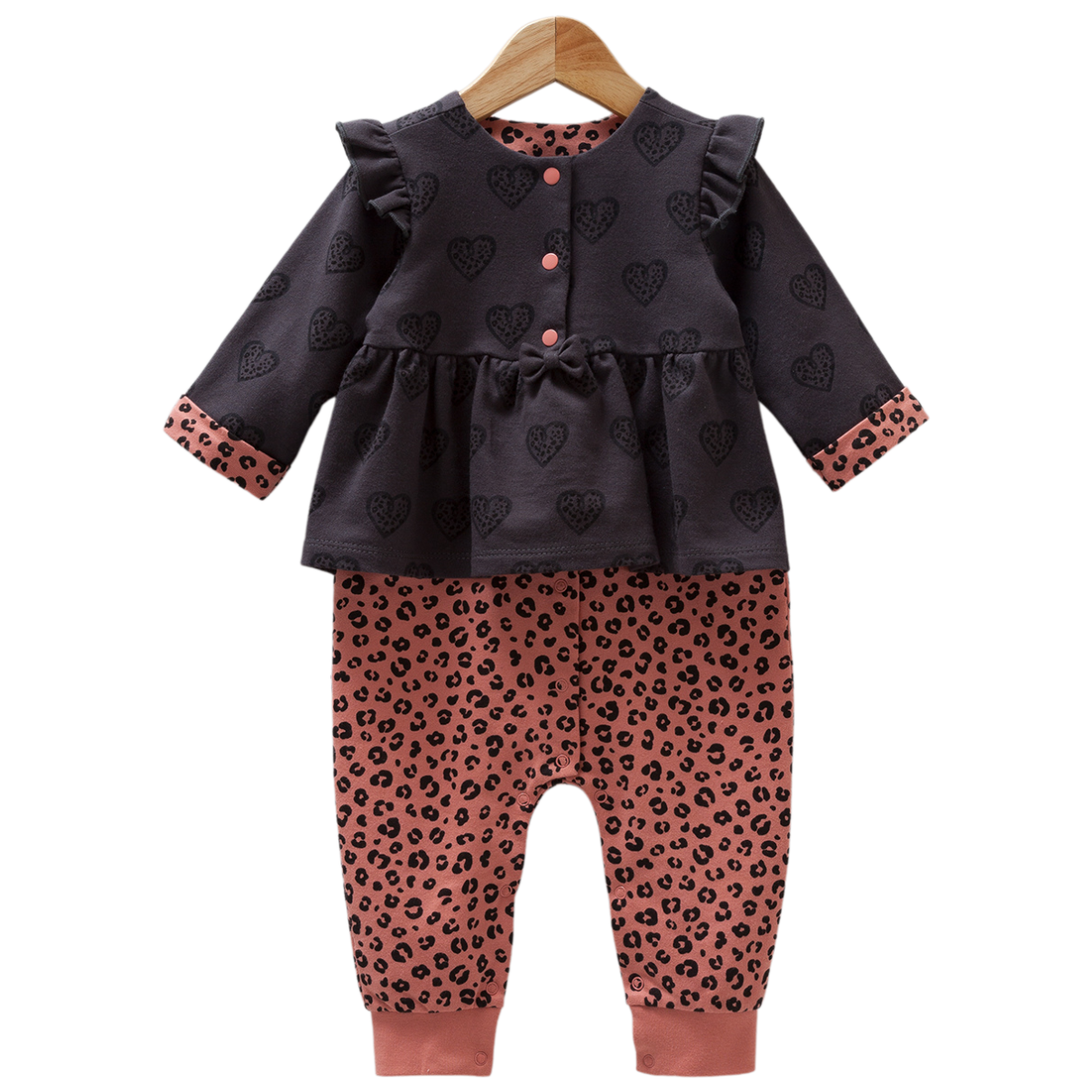 8278 Caramell Baby Girl Romper without Feet – Grey & Pink with Heart and Leopard Print | 100% Cotton, Thick Knit | Turkey | Sizes 62–74 cm
