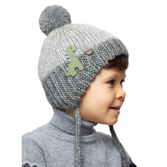 10210 Boys’ Knitted Winter Hat with Dinosaur Patch & Pom-Pom | Sizes 48–50 cm | 9–18 Months | Baby Alpaca, Wool | 100% Cotton Lining