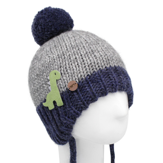10210 Boys’ Knitted Winter Hat with Dinosaur Patch & Pom-Pom | Sizes 48–50 cm | 9–18 Months | Baby Alpaca, Wool | 100% Cotton Lining