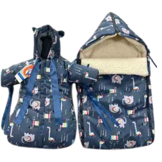 803 Warm Winter Set for Baby Boys | Safari Design Stroller Set: Sleeping Bag + Jumpsuit | Elephants, Zebras & Giraffes Print | Faux Fur & Fleece Lining | From +5°C to −30°C (41°F to −22°F)