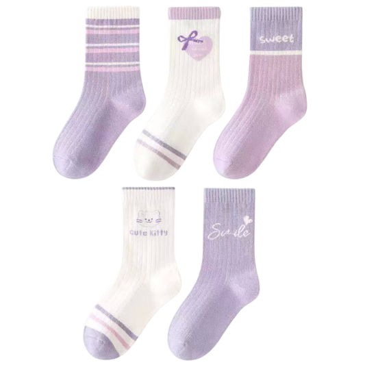 8263 Girls Cotton Socks Set | Korean Style | 5 Pairs | Spring / Fall / All-Season | For Kindergarten & School | Ages 2–15