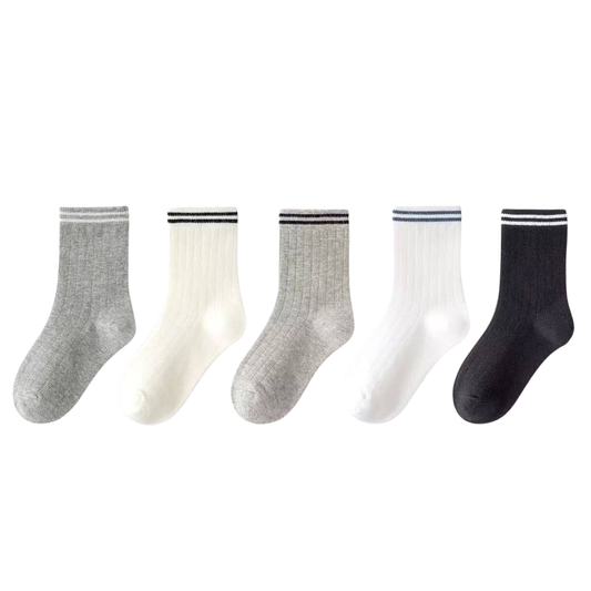8265 Kids High Crew Cotton Ribbed Socks | 5 Pairs Set | Unisex | Breathable Durable Cotton | Spring/Fall | Sizes 2–15 Years