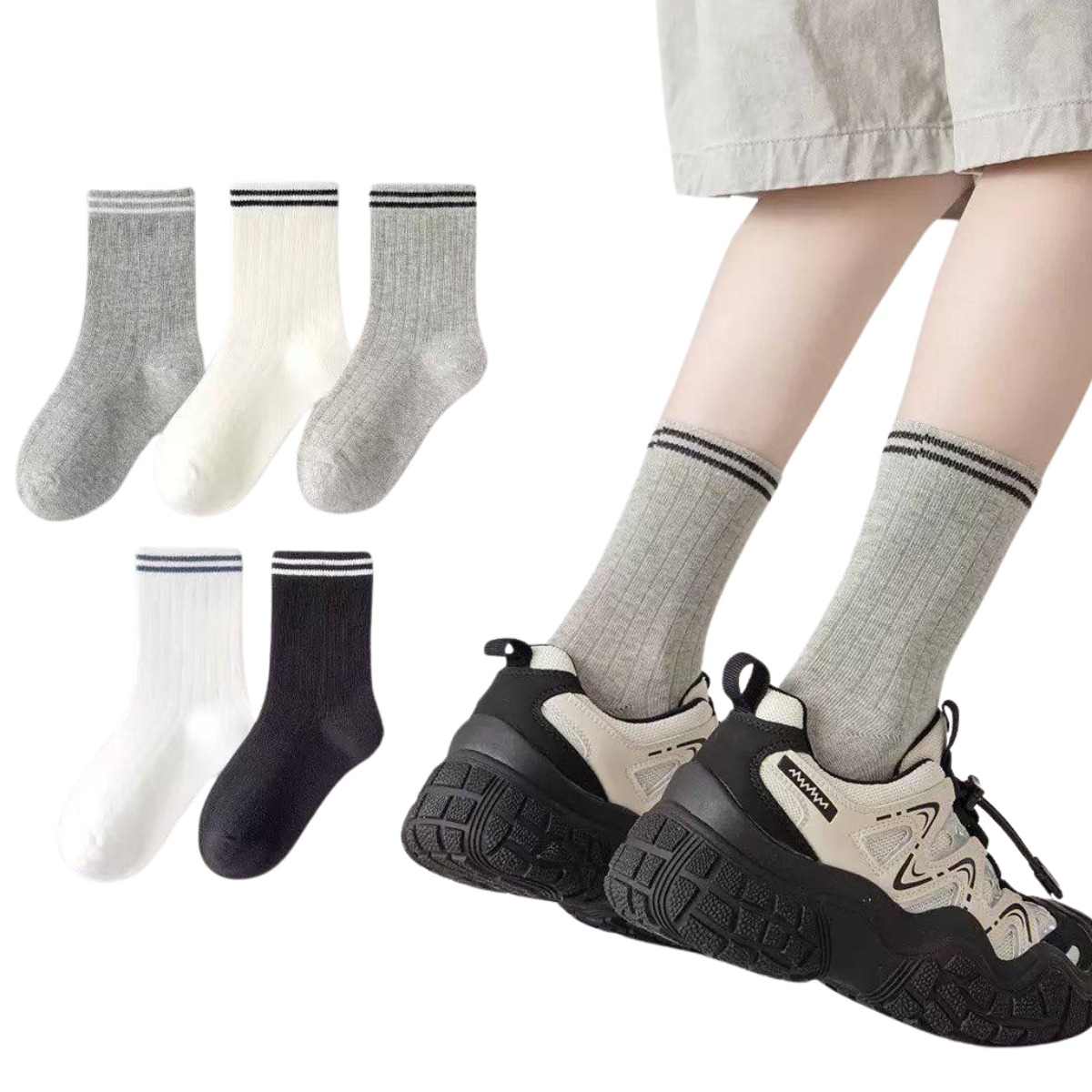 8265 Kids High Crew Cotton Ribbed Socks | 5 Pairs Set | Unisex | Breathable Durable Cotton | Spring/Fall | Sizes 2–15 Years