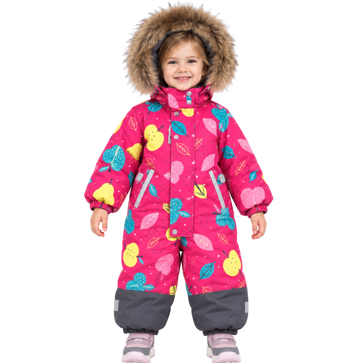 813 Girls’ Winter Snowsuit | Waterproof & Windproof Membrane Fabric & Real Fur Hood | Fleece-Lined | Apple, Pear & Leaf Print | Ages 1–4 Years | Sizes 80–104 cm