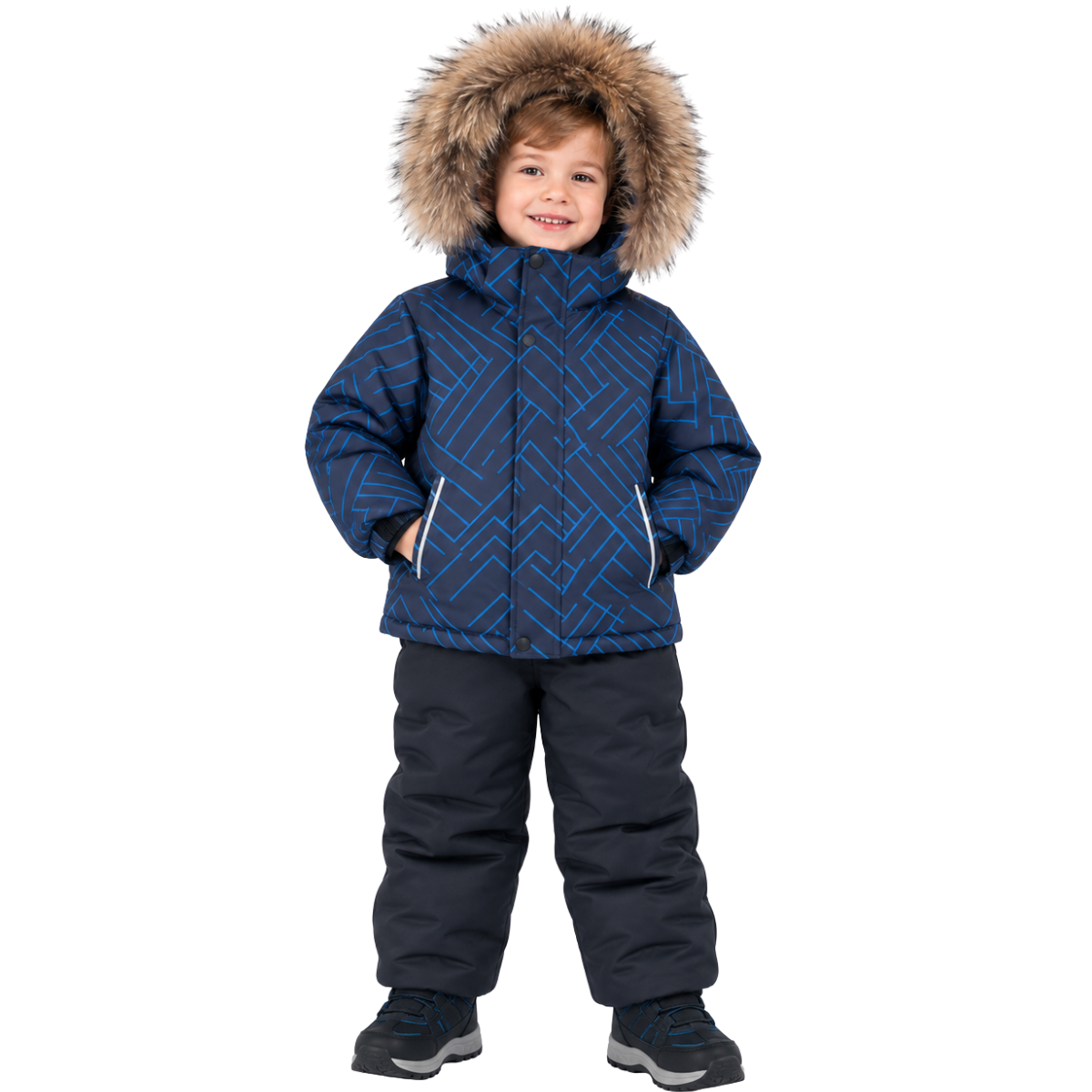 7706 Boys Winter Snowsuit Set in Membrane Fabric (Jacket & Bib Pants) with Blue Geometric Print & Real Fur Hood | Solid Gray Bib Pants | Sizes 2–6 Y | Up to -25°C (-13°F)