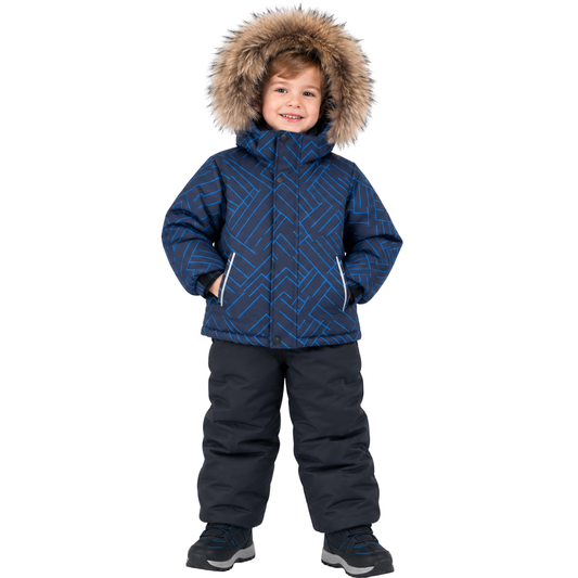 7706 Boys Winter Snowsuit Set in Membrane Fabric (Jacket & Bib Pants) with Blue Geometric Print & Real Fur Hood | Solid Gray Bib Pants | Sizes 2–6 Y | Up to -25°C (-13°F)
