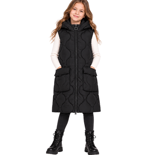 8802 Girls Long Hooded Puffer Vest – Quilted Sleeveless Jacket | Fall & Winter | Ages 7–14 | Sizes 130–160 cm